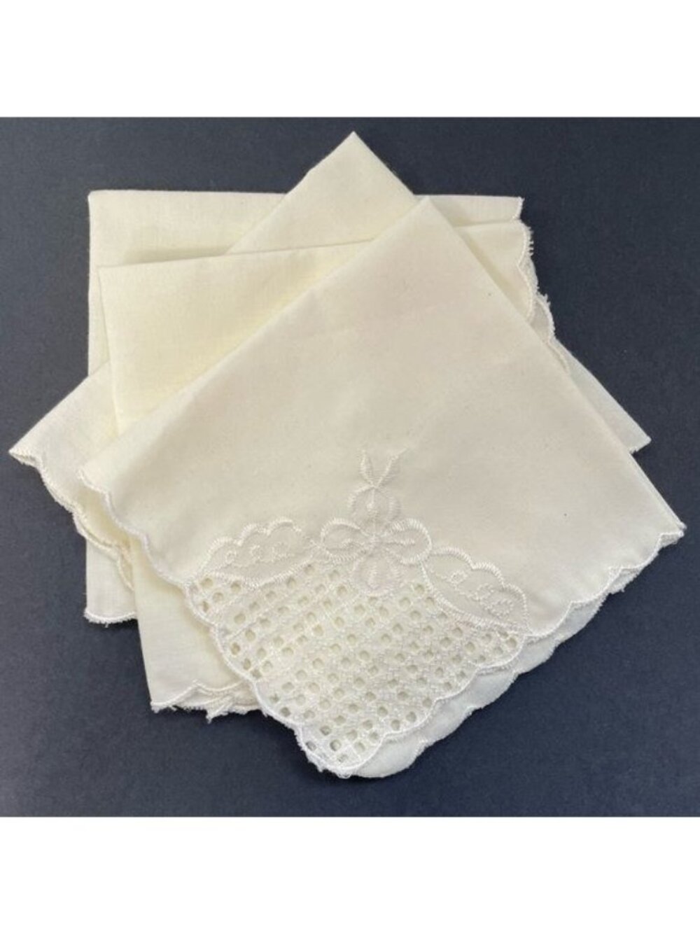 Six Vintage Hand Embroidered Ivory Linen Napkins Bourdon Point Madeira Design